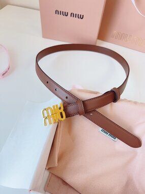 Miu Miu Brown Leather Belt with Gold Logo Buckle 85CM/25MM